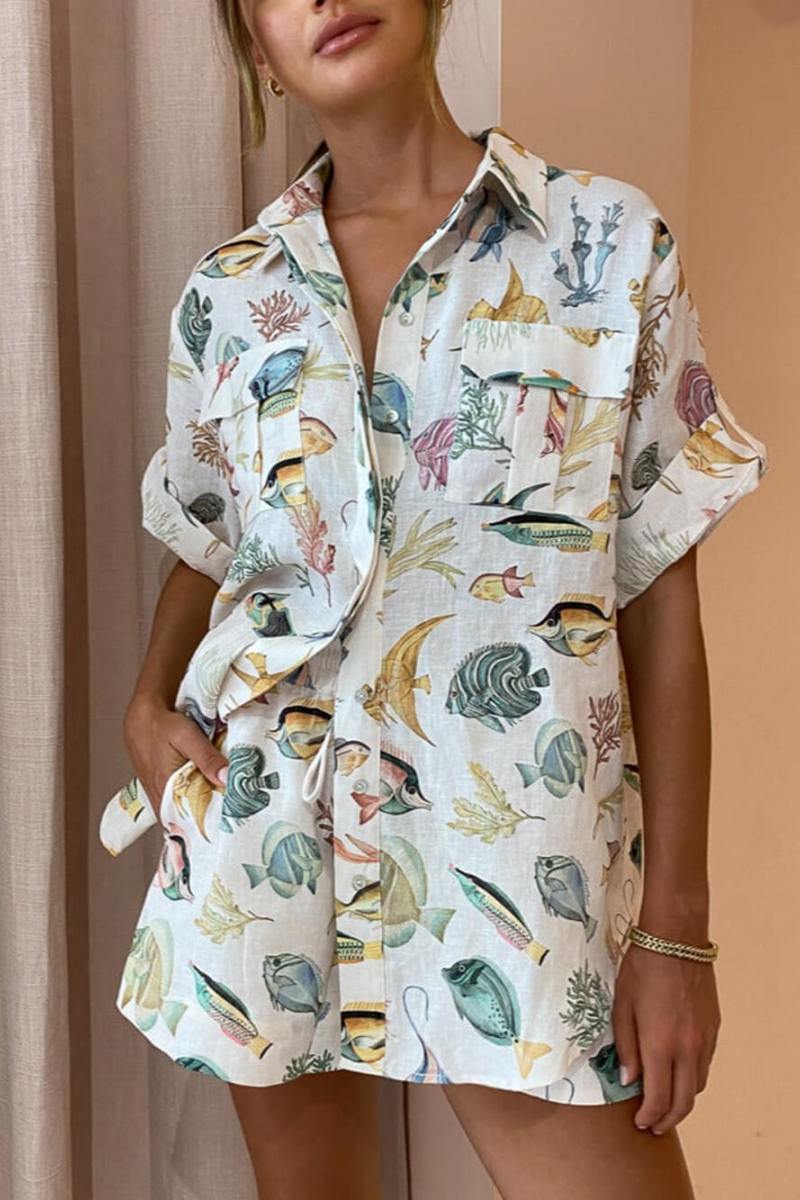 Personalisiertes Fisch-Print-Urlaubs-Kurzarm-Hemd-Batik-Shorts-Set