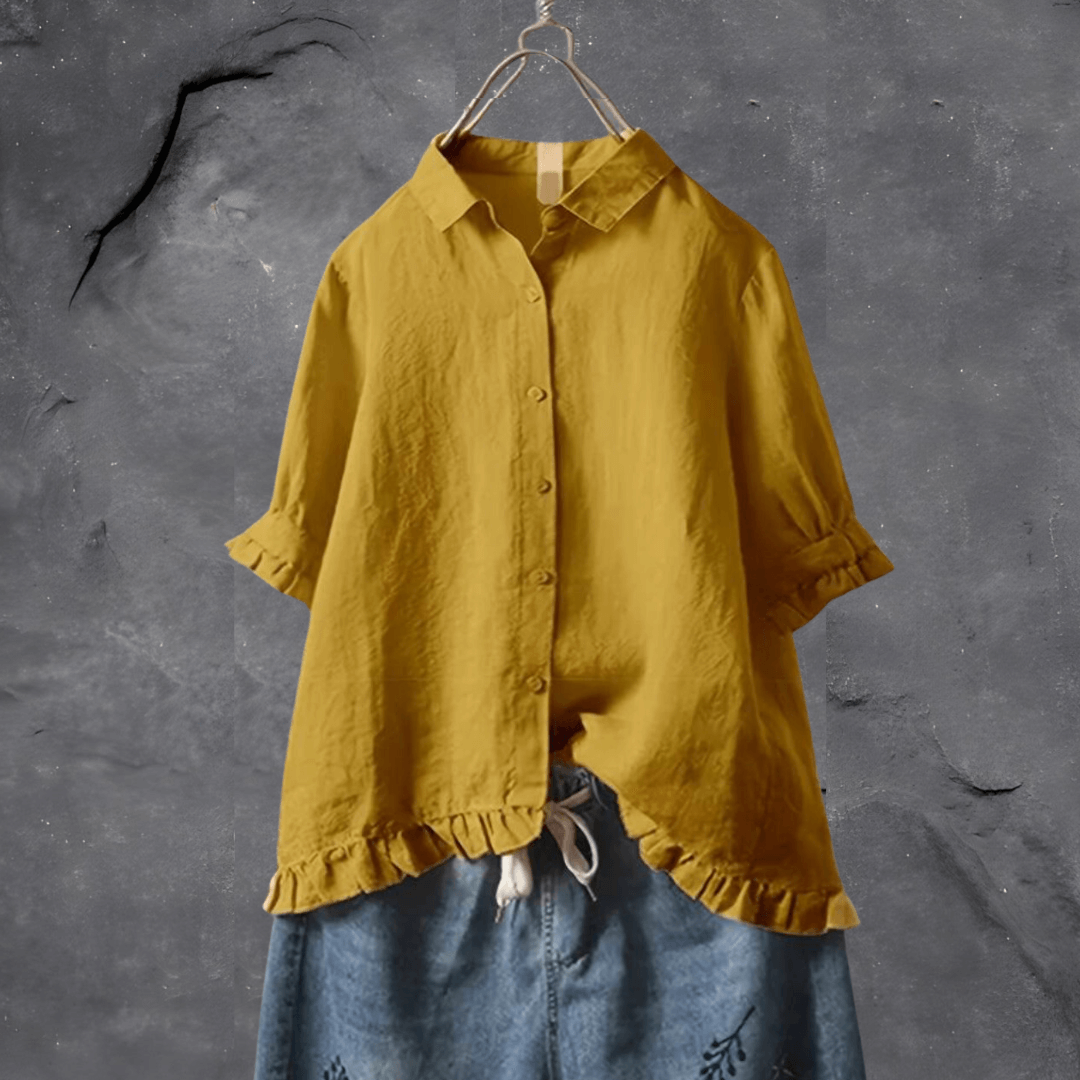 Bellachicha - Button-Down-Bluse mit Dreiviertelärmeln und Rüschensaum | Entspannt schickes bequemes Blusentop