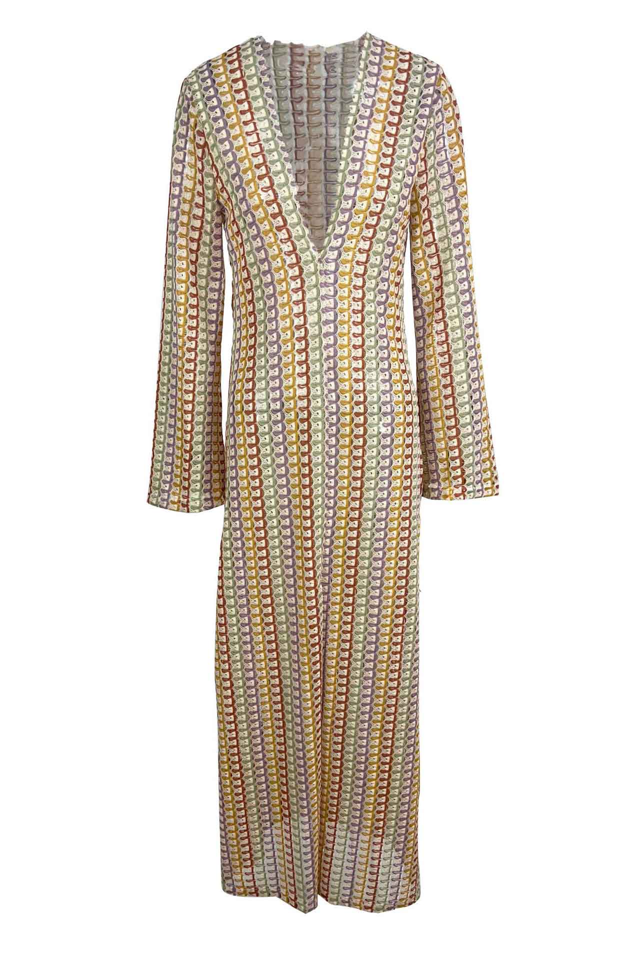 Boho-Maxikleid mit V-Ausschnitt und Glockenärmeln, gewellt, gestreift, gehäkelt, Strandurlaub-Maxikleid