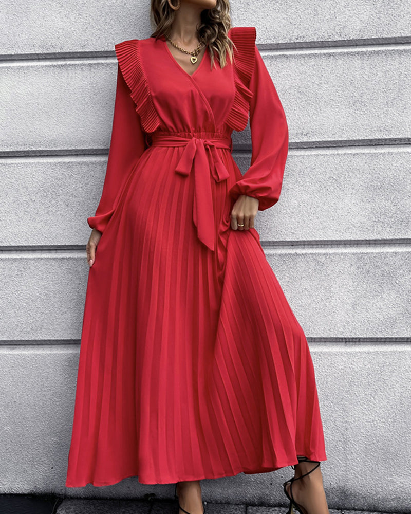 Eunice - Robe longue élégante avec col en V plissé - polyvalente et élégante pour toutes les occasions