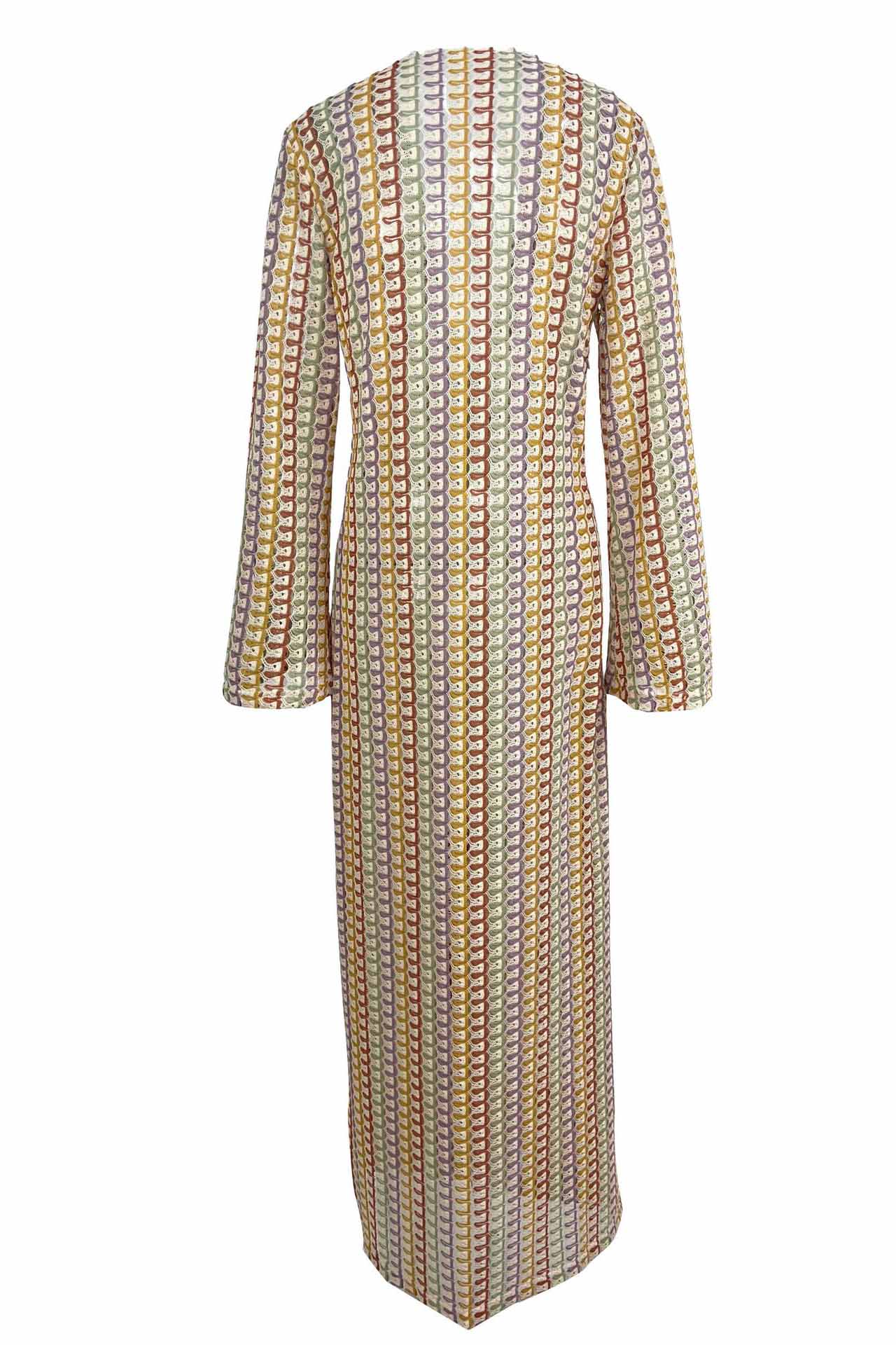 Boho-Maxikleid mit V-Ausschnitt und Glockenärmeln, gewellt, gestreift, gehäkelt, Strandurlaub-Maxikleid