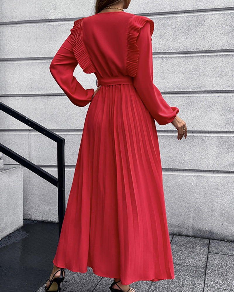 Eunice - Robe longue élégante avec col en V plissé - polyvalente et élégante pour toutes les occasions