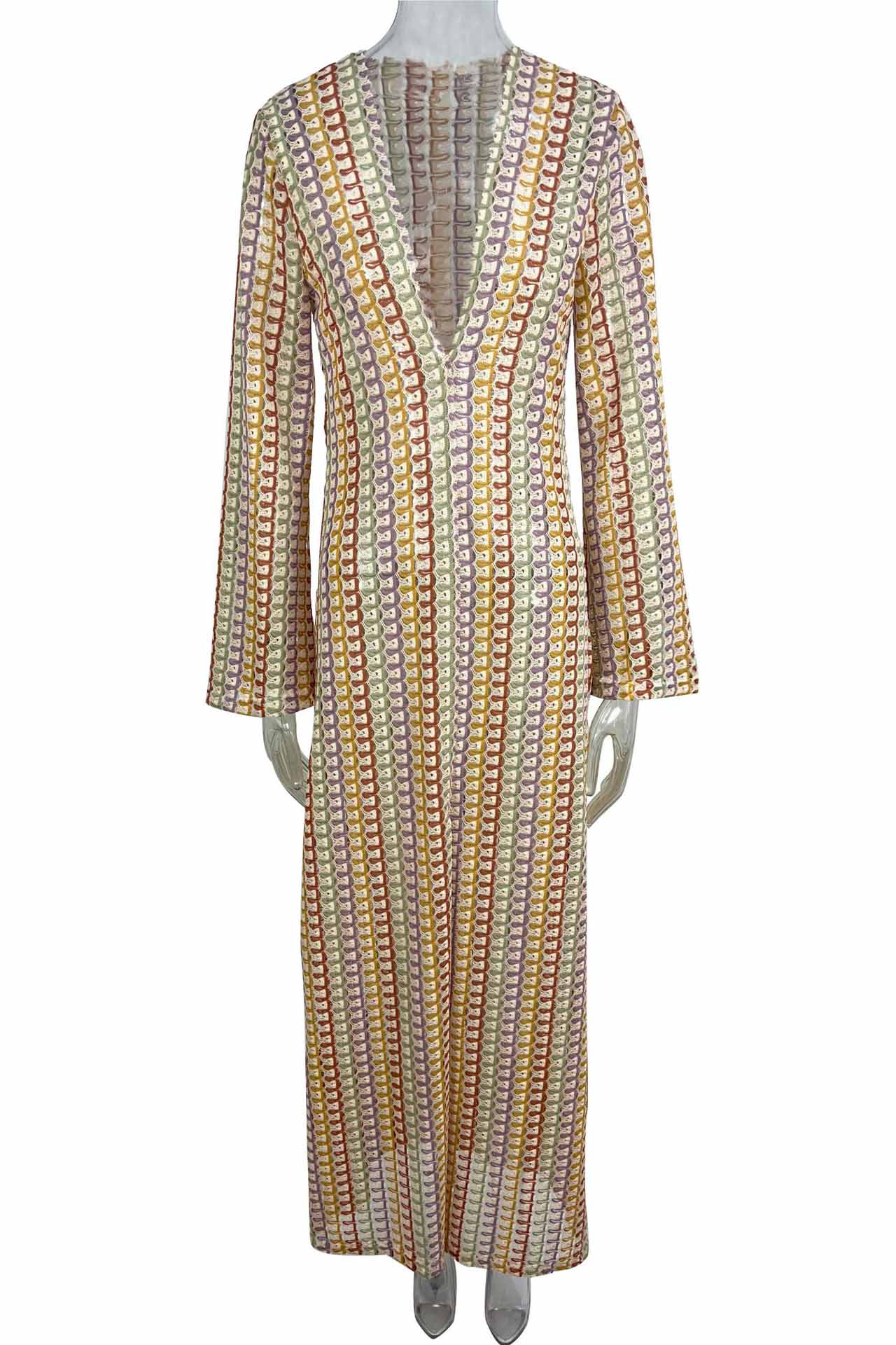 Boho-Maxikleid mit V-Ausschnitt und Glockenärmeln, gewellt, gestreift, gehäkelt, Strandurlaub-Maxikleid