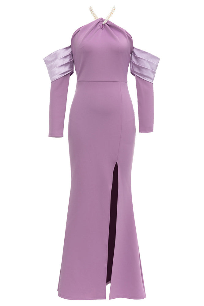 Robes mi-longues élégantes à une épaule et col en fourrure