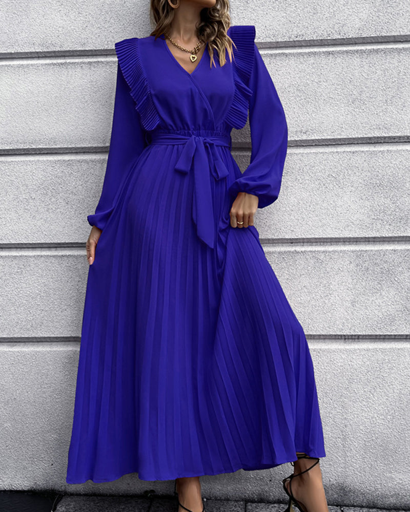Eunice - Robe longue élégante avec col en V plissé - polyvalente et élégante pour toutes les occasions