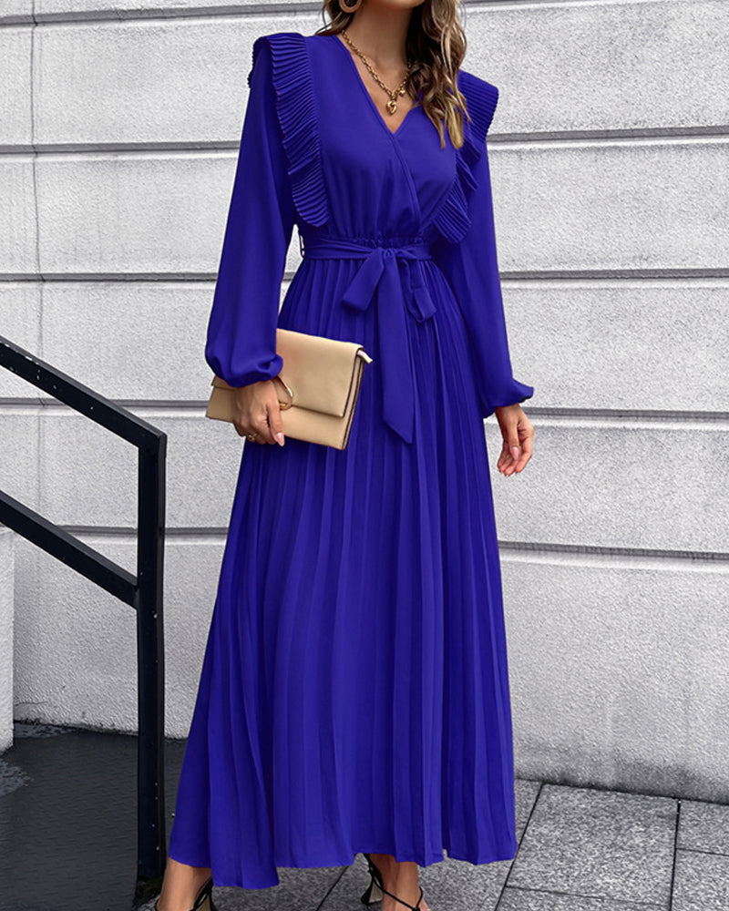 Eunice - Robe longue élégante avec col en V plissé - polyvalente et élégante pour toutes les occasions