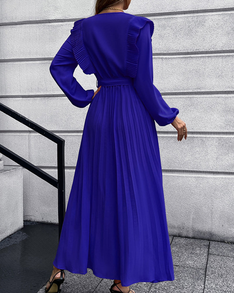 Eunice - Robe longue élégante avec col en V plissé - polyvalente et élégante pour toutes les occasions