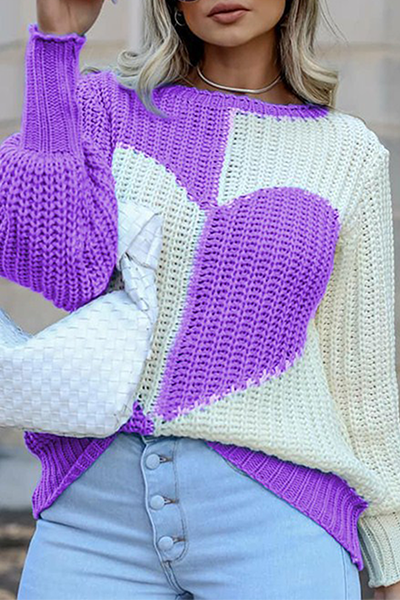 Pull patchwork décontracté à col rond et contraste