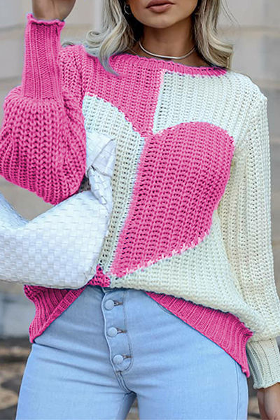 Pull patchwork décontracté à col rond et contraste
