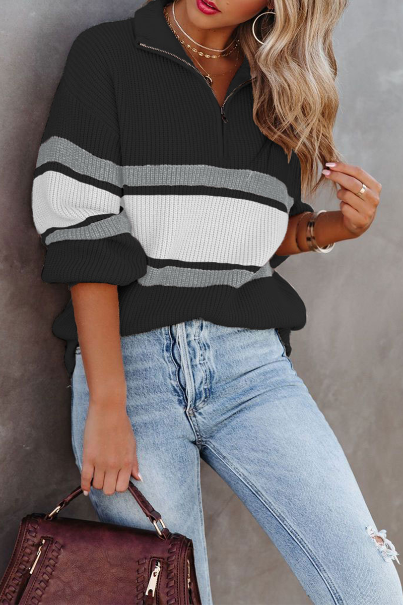 Pulls patchwork décontractés et unis avec col zippé (5 couleurs)
