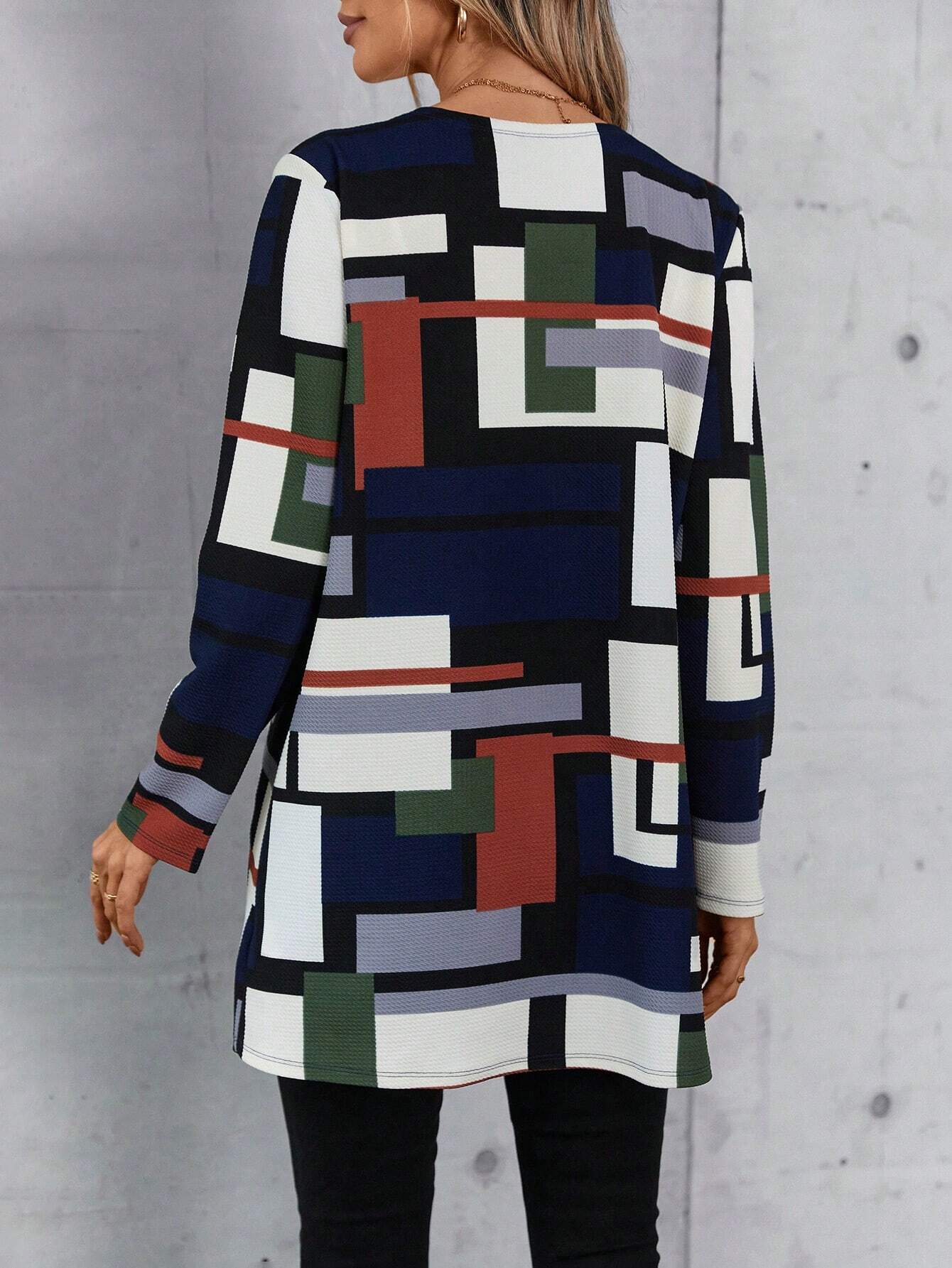 Elle | Manteau femme à motif géométrique et devant ouvert