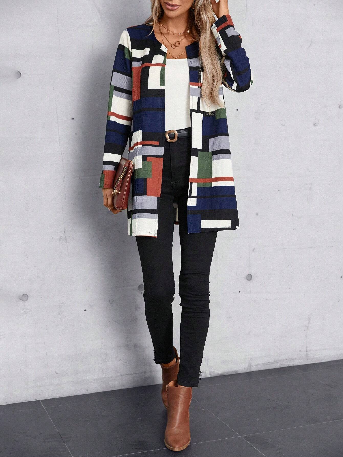 Elle | Manteau femme à motif géométrique et devant ouvert