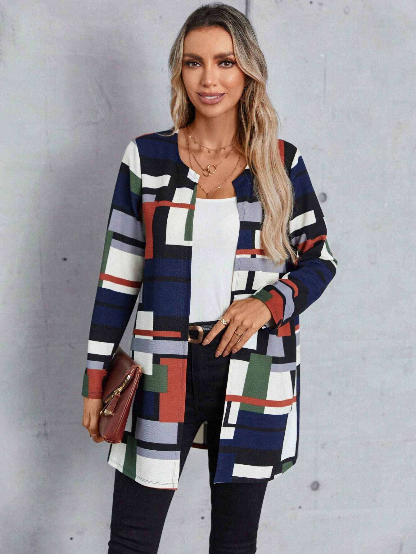 Elle | Manteau femme à motif géométrique et devant ouvert