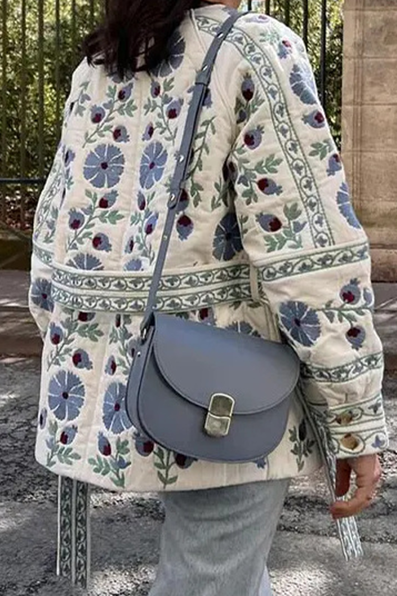 Lässige Street-Blumen-Schnürknöpfe, Patchwork-O-Ausschnitt-Oberbekleidung