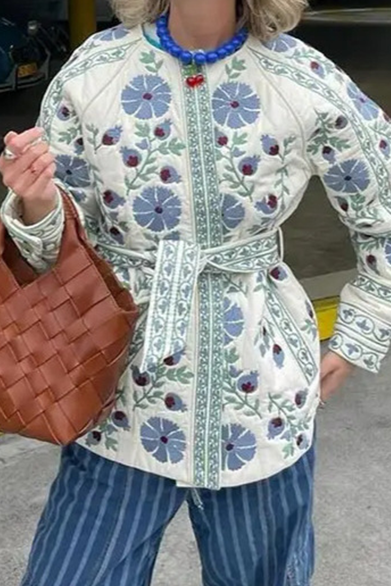 Lässige Street-Blumen-Schnürknöpfe, Patchwork-O-Ausschnitt-Oberbekleidung