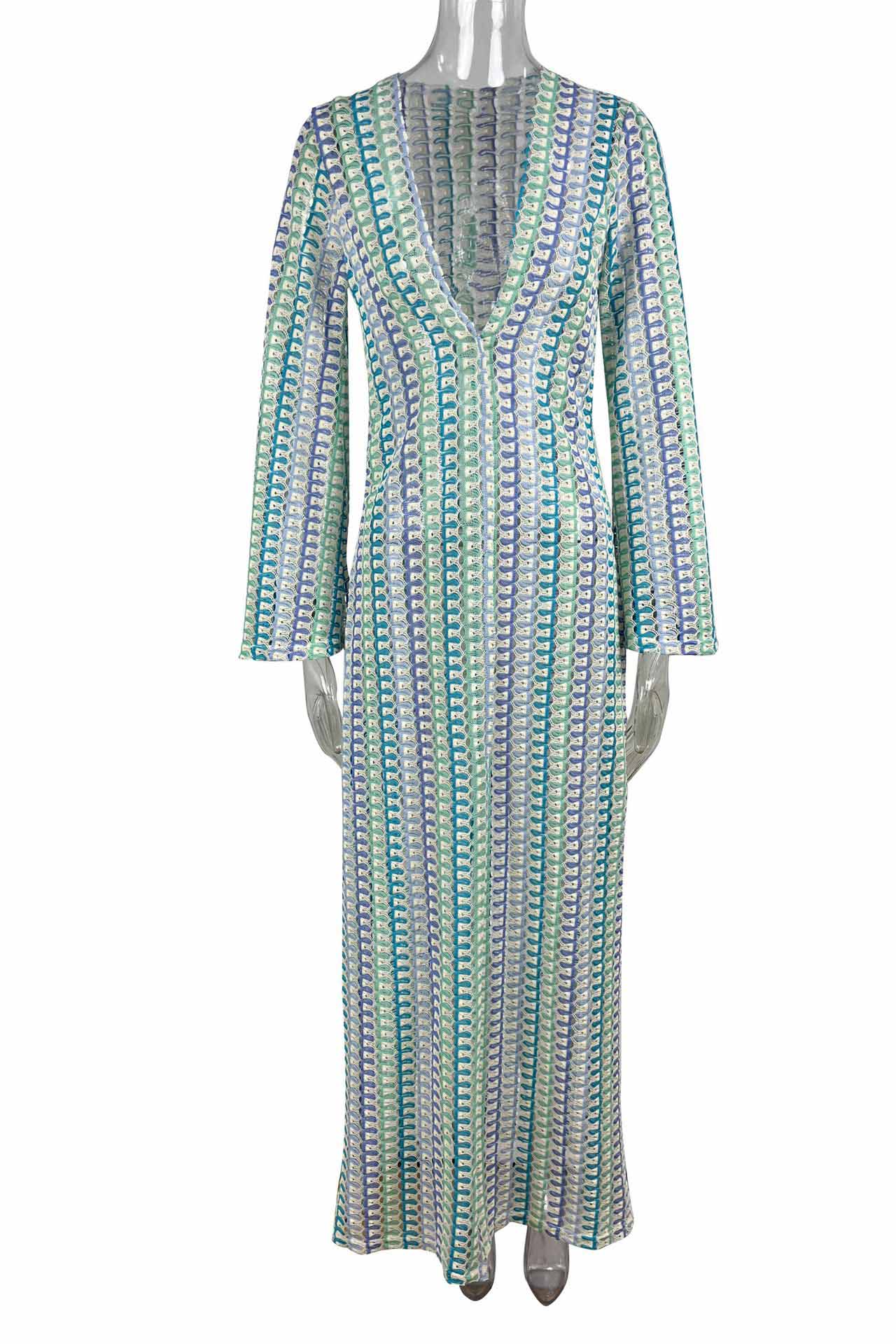 Boho-Maxikleid mit V-Ausschnitt und Glockenärmeln, gewellt, gestreift, gehäkelt, Strandurlaub-Maxikleid