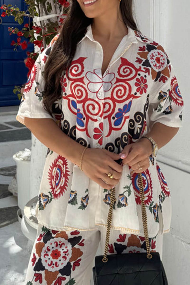 Ensemble pantalon unique et exquis avec imprimé floral ethnique, taille élastique, poche et jambe large