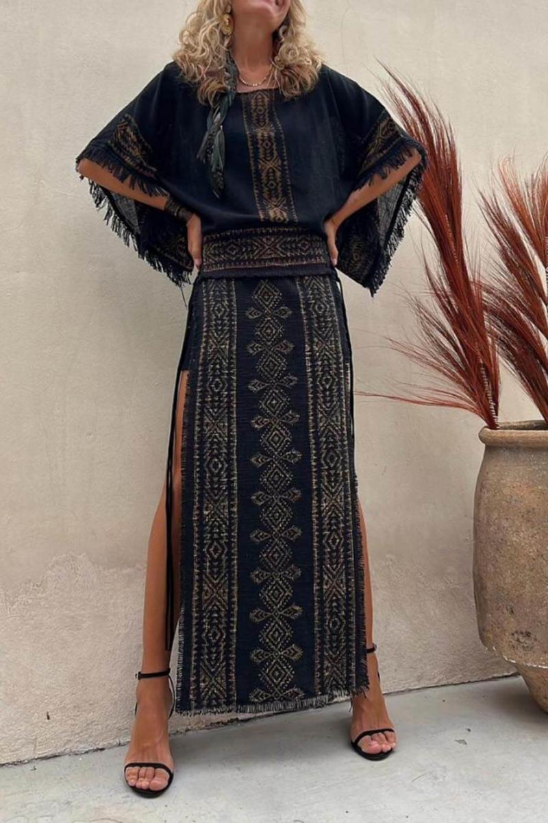 Ensemble jupe longue à imprimé ethnique et laçage latéral patchwork