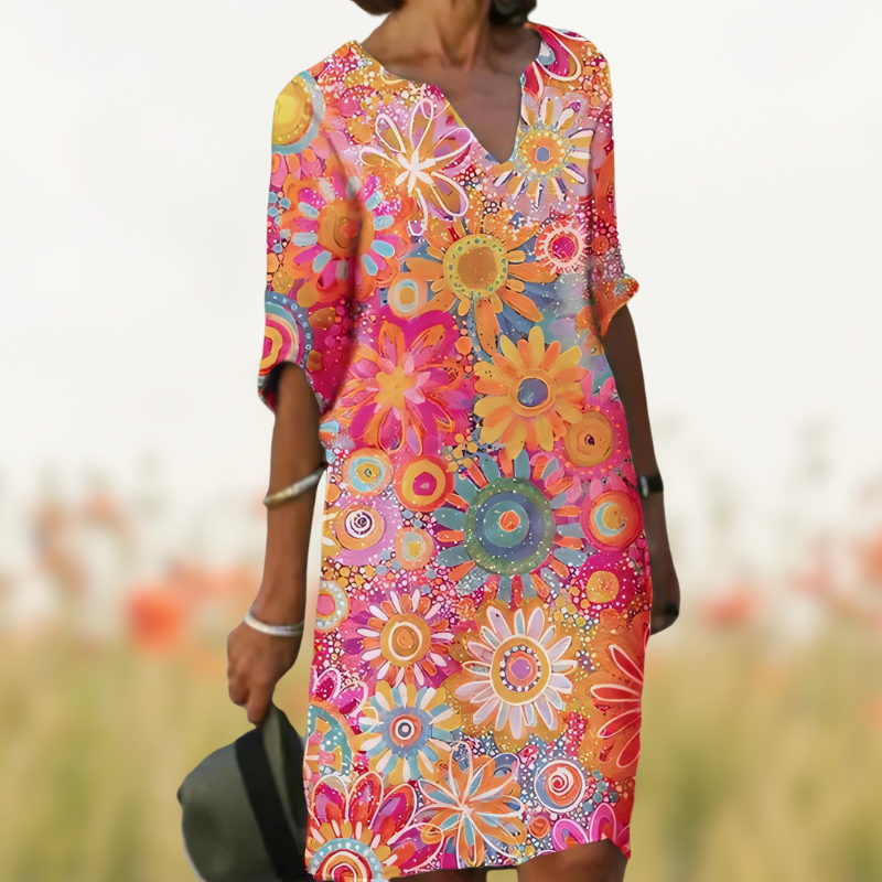 Savannah - Bedrucktes kleid mit halben ärmeln und v-ausschnitt