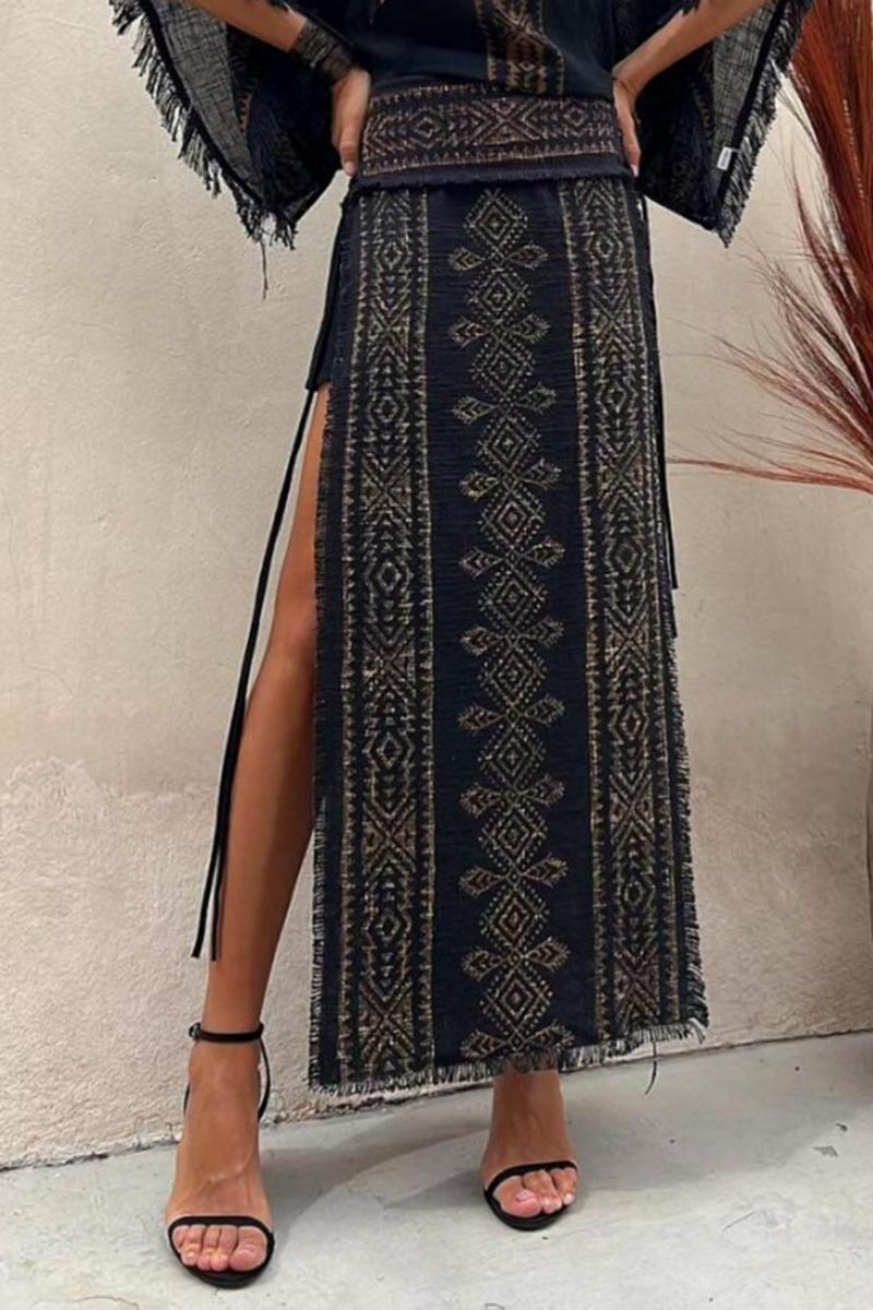 Ensemble jupe longue à imprimé ethnique et laçage latéral patchwork