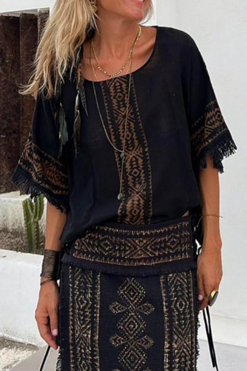 Ensemble jupe longue à imprimé ethnique et laçage latéral patchwork