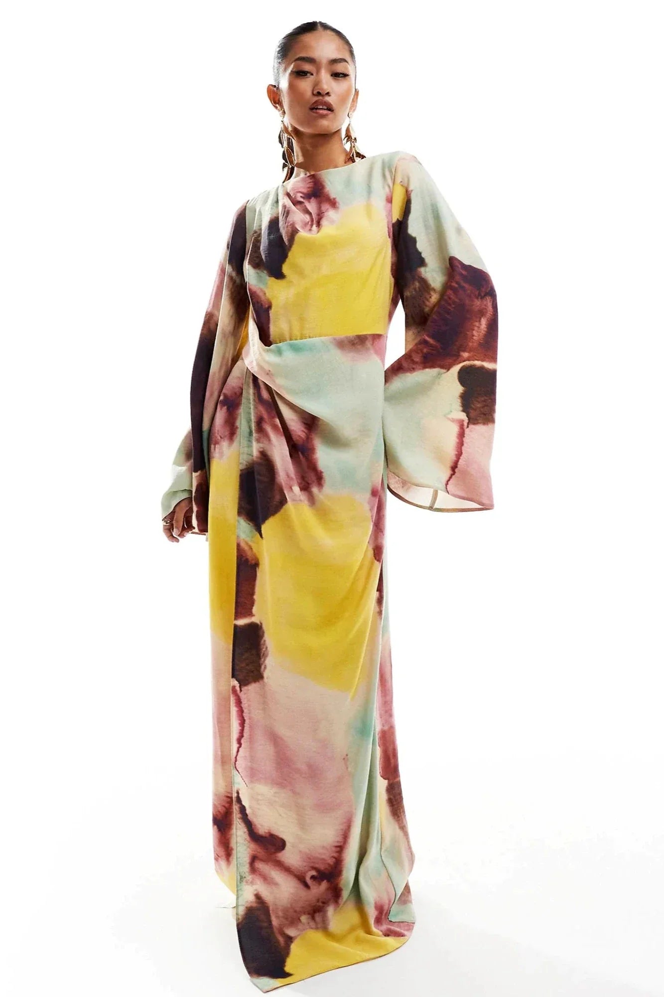 Ultralanges Kleid mit abstraktem Aquarell-Print