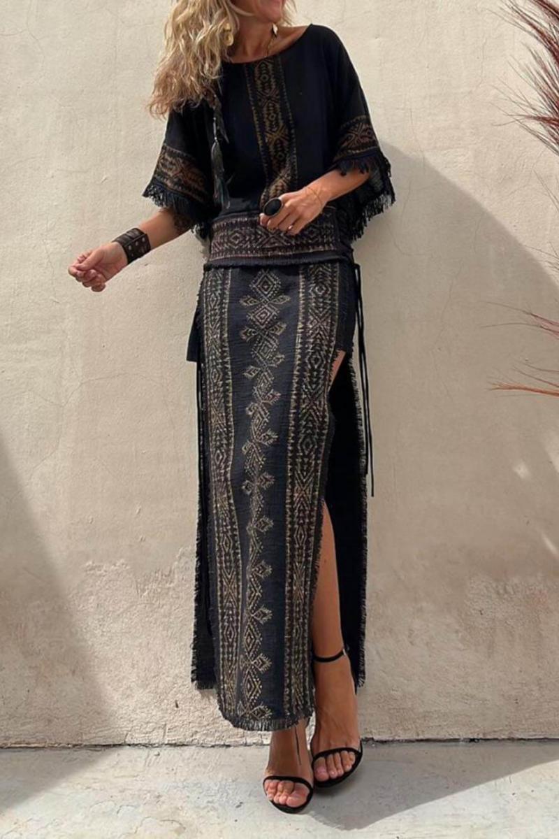 Ensemble jupe longue à imprimé ethnique et laçage latéral patchwork
