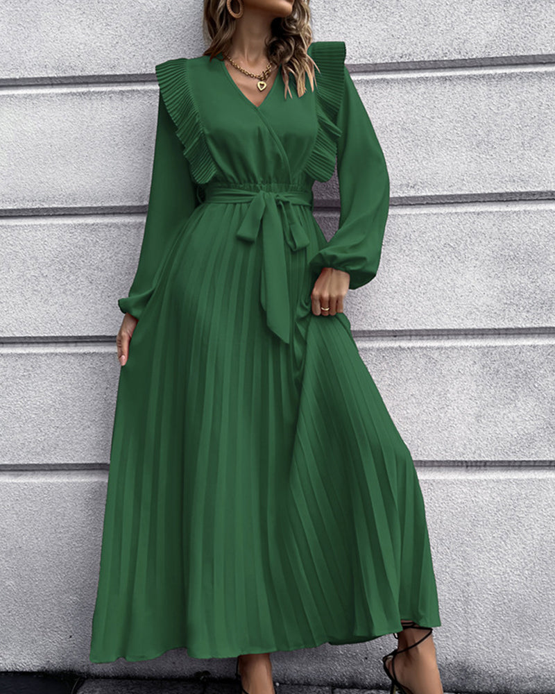 Eunice - Robe longue élégante avec col en V plissé - polyvalente et élégante pour toutes les occasions
