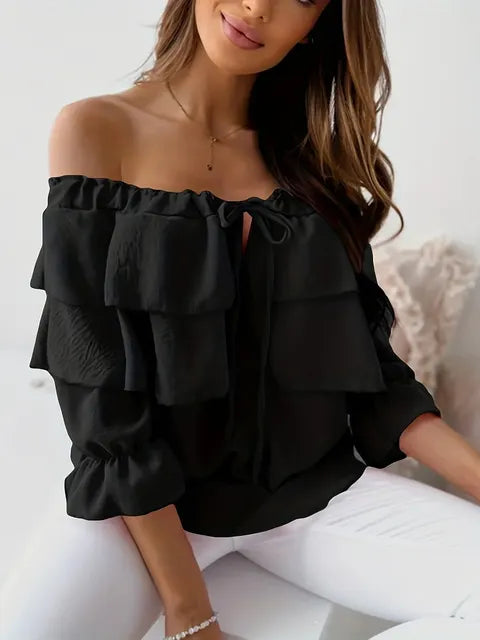 Bellachicha - Damen Bluse aus lockerem Chiffon mit Schulterfreiheit und Volantkante, elastischem Schultergurt