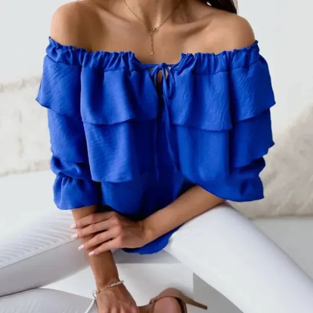Bellachicha - Damen Bluse aus lockerem Chiffon mit Schulterfreiheit und Volantkante, elastischem Schultergurt