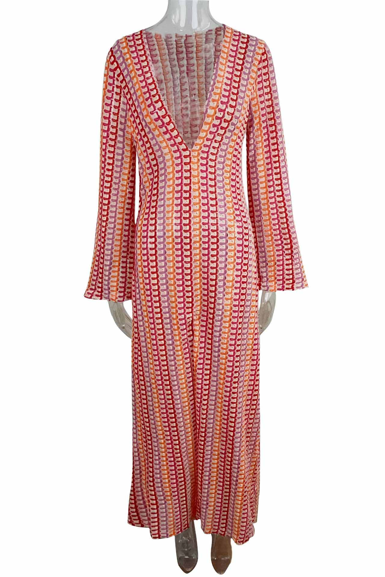 Boho-Maxikleid mit V-Ausschnitt und Glockenärmeln, gewellt, gestreift, gehäkelt, Strandurlaub-Maxikleid