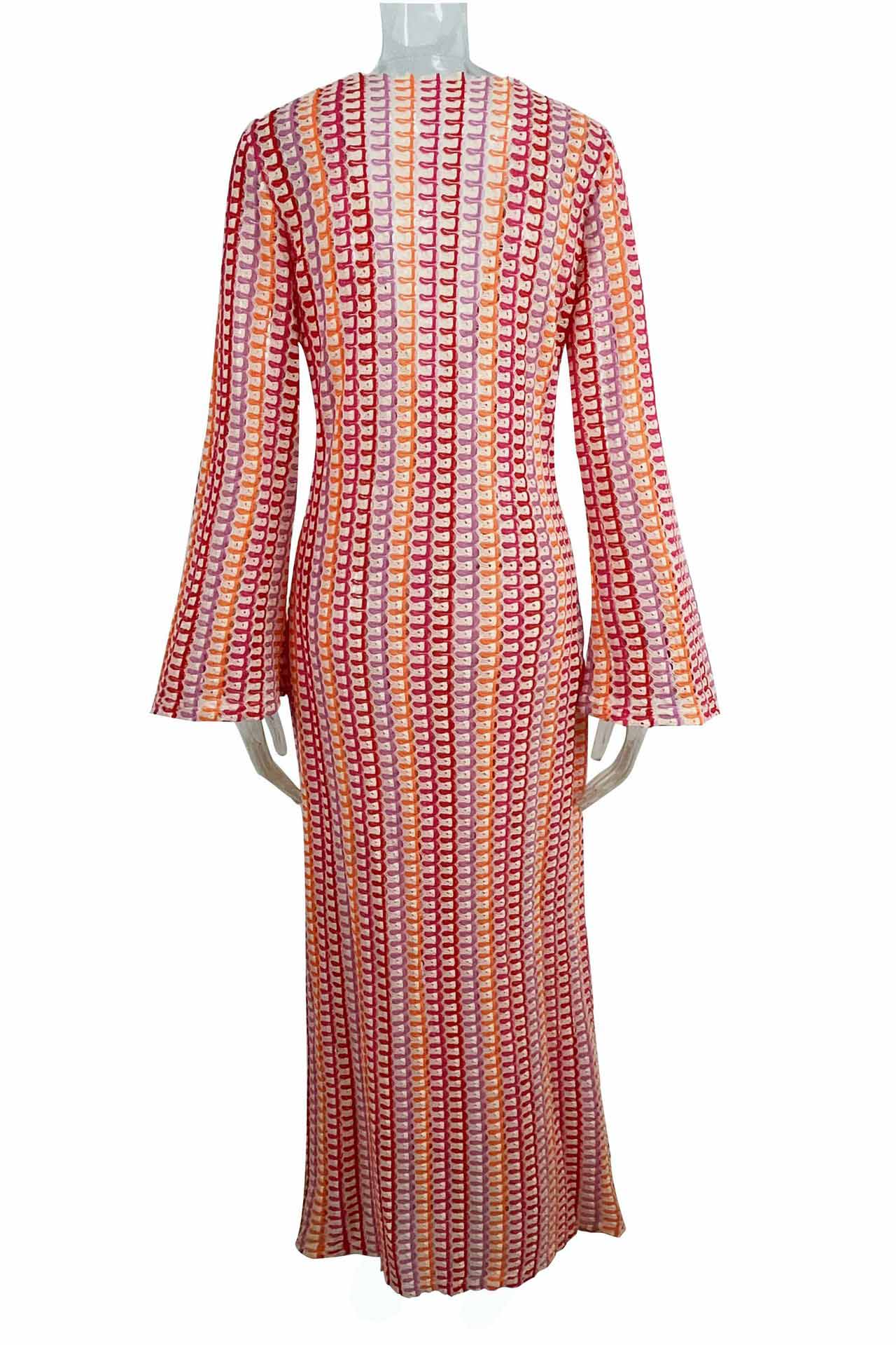 Boho-Maxikleid mit V-Ausschnitt und Glockenärmeln, gewellt, gestreift, gehäkelt, Strandurlaub-Maxikleid