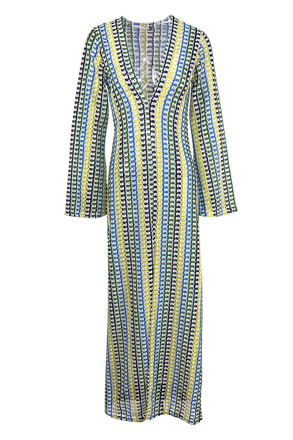 Boho-Maxikleid mit V-Ausschnitt und Glockenärmeln, gewellt, gestreift, gehäkelt, Strandurlaub-Maxikleid