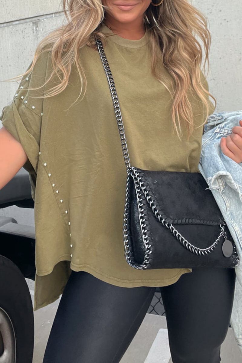T-shirt oversize à manches retroussables et rivets