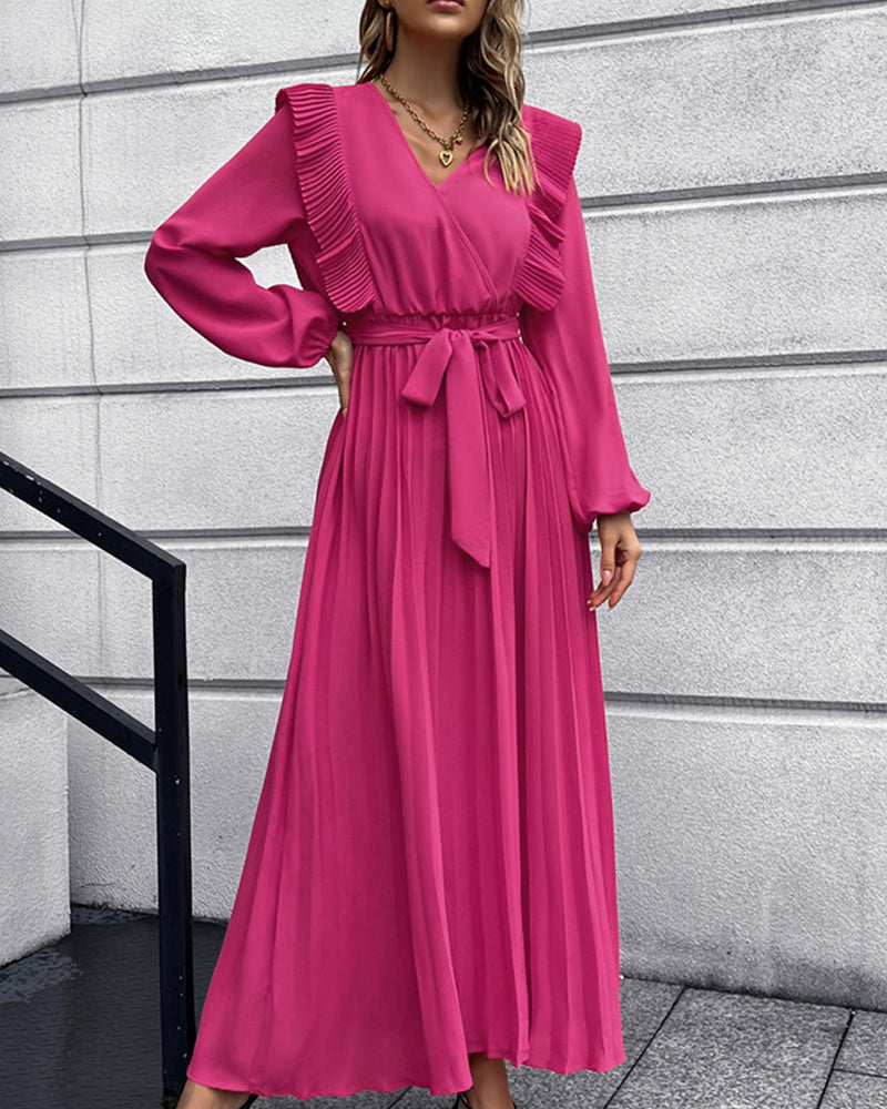 Eunice - Robe longue élégante avec col en V plissé - polyvalente et élégante pour toutes les occasions