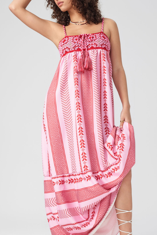 Naomi – Bedrucktes, besticktes Camisole-Midikleid mit Schnürung
