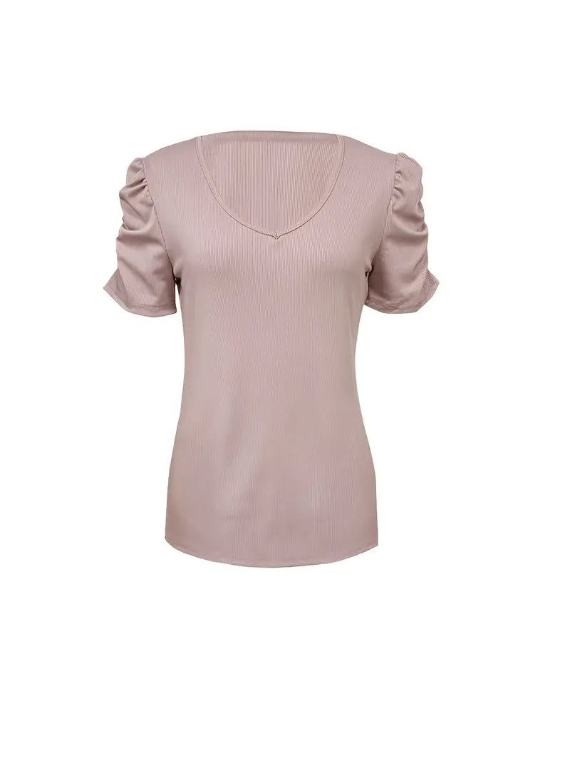 Isabella – T-shirt uni à col en V et côtelé pour le printemps