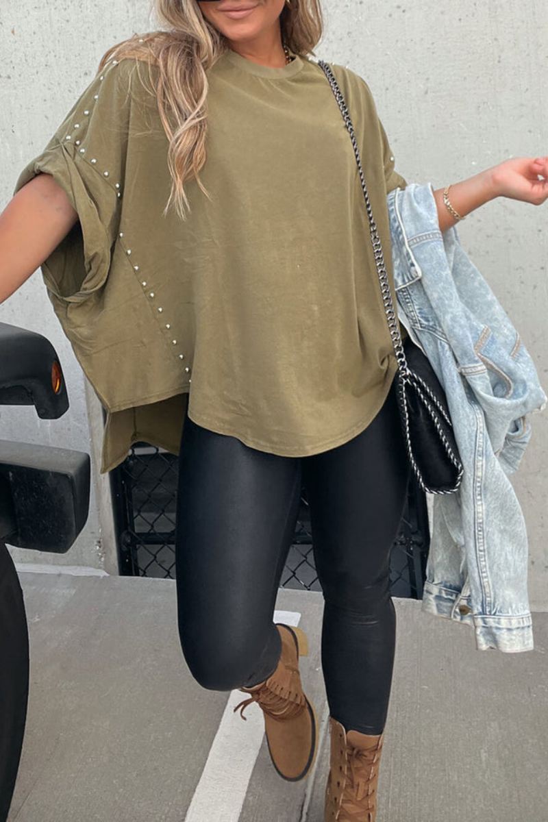 T-shirt oversize à manches retroussables et rivets