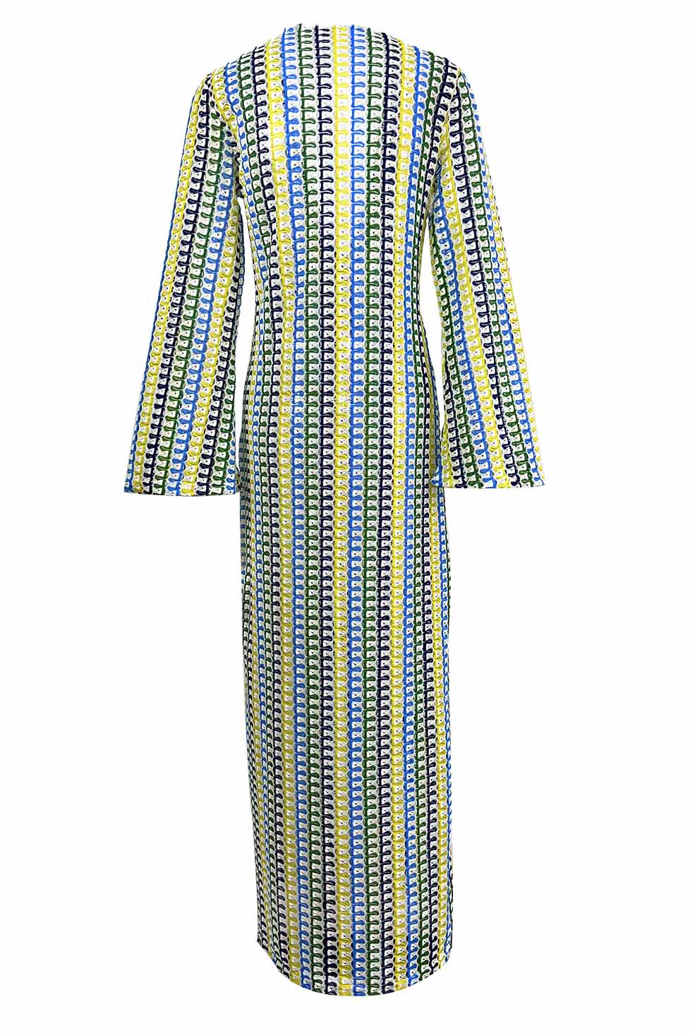 Boho-Maxikleid mit V-Ausschnitt und Glockenärmeln, gewellt, gestreift, gehäkelt, Strandurlaub-Maxikleid