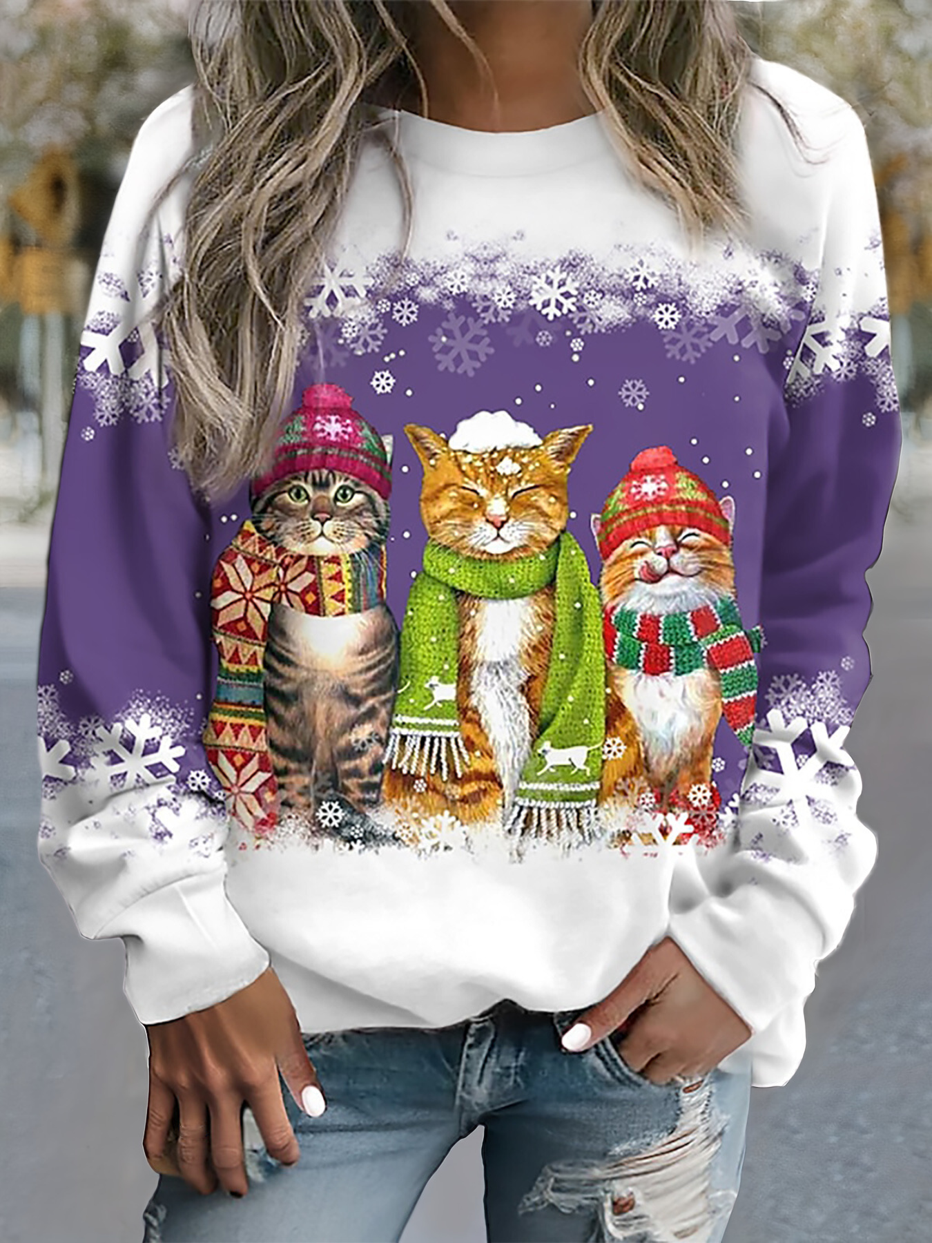 Kamilla™ - Pull avec imprimé chat des neiges