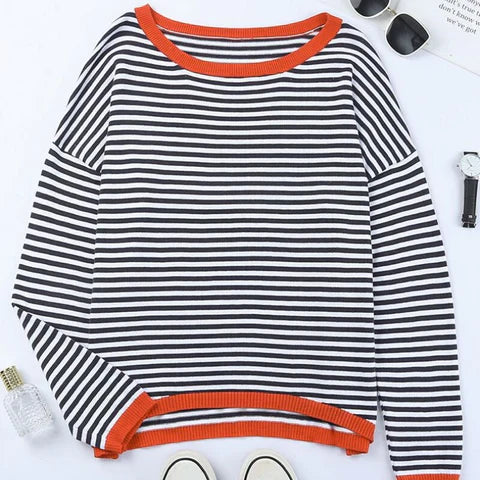 Riley - Pull rayé bleu avec bordure orange