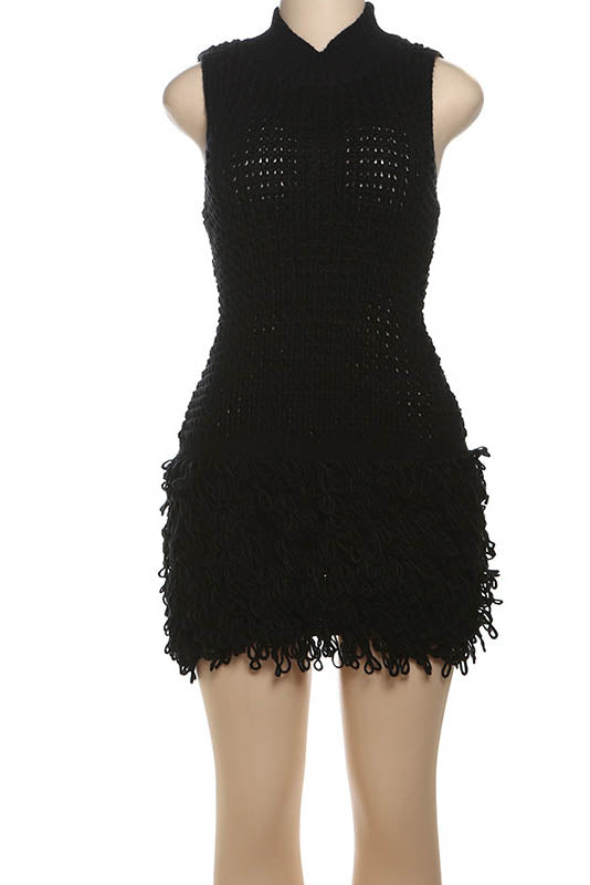 Fringe Cut-Out Slim-Fit Patchwork Kleid