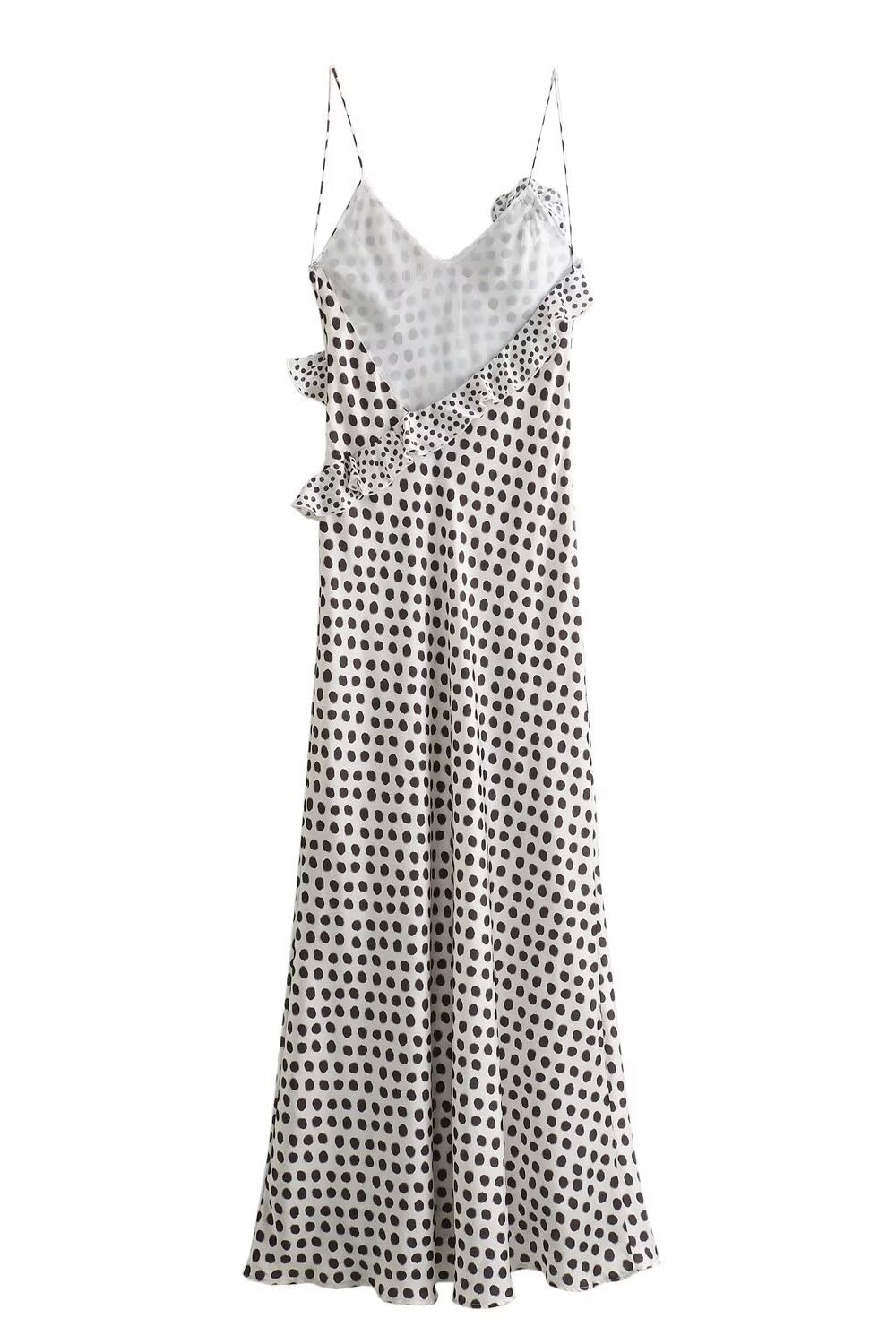 Robe longue imaginative à bretelles en dentelle guipure à volants et à pois