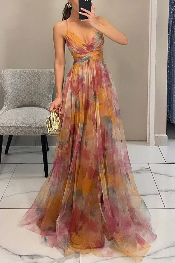 Robe longue trapèze à col en V et motifs floraux