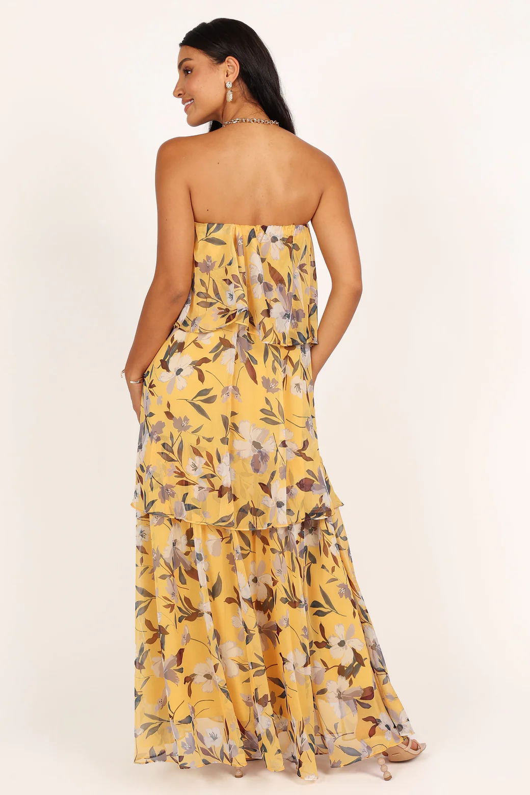 Trägerloses, gestuftes Maxikleid „Calista Green Bloom“.
