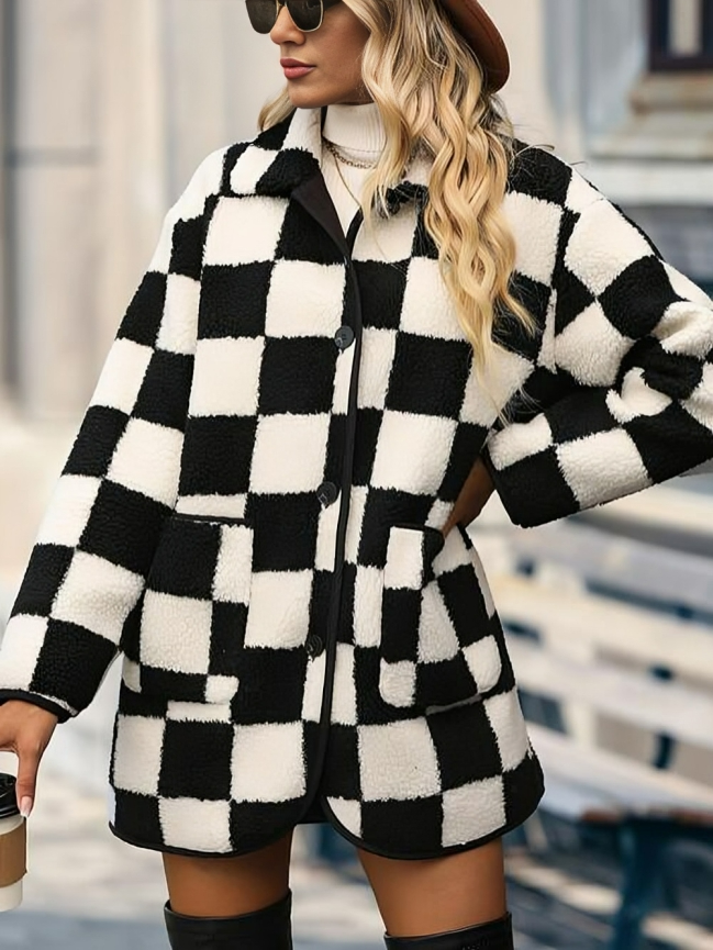 Manteau chaud en laine d'agneau à carreaux pour femme