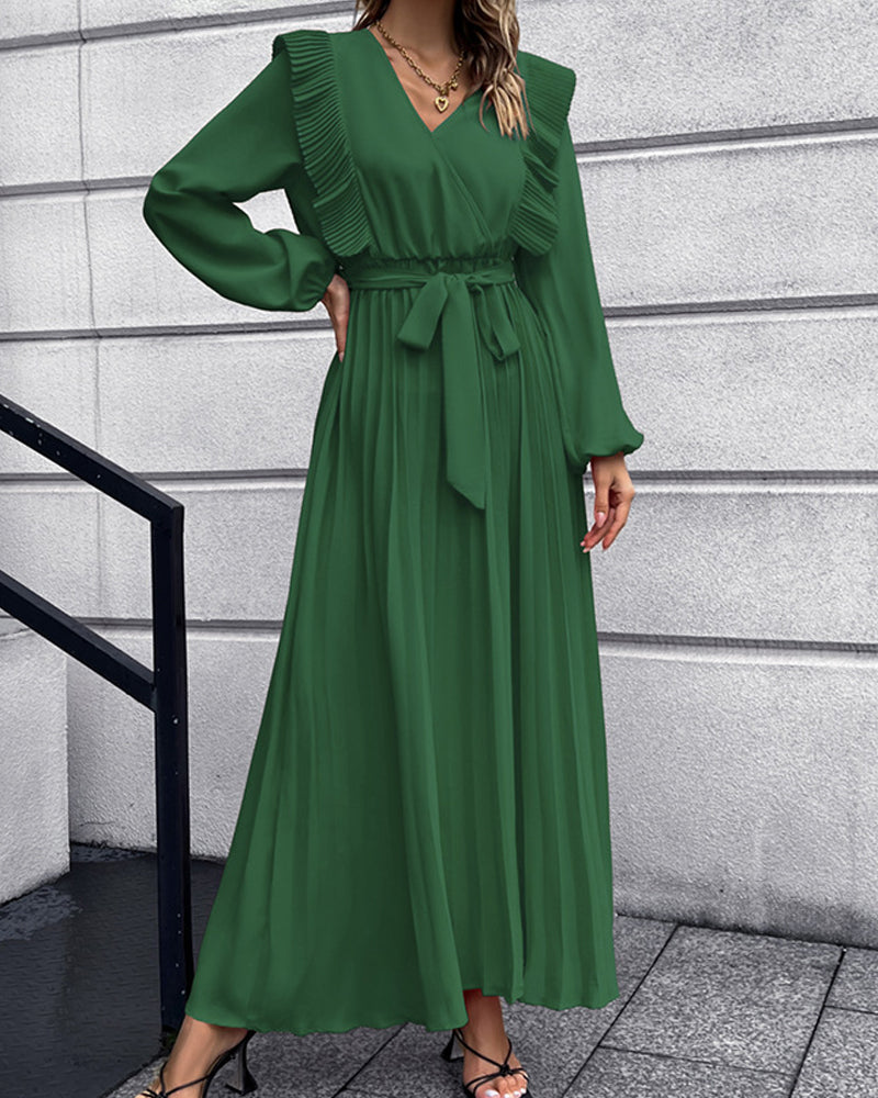 Eunice - Robe longue élégante avec col en V plissé - polyvalente et élégante pour toutes les occasions