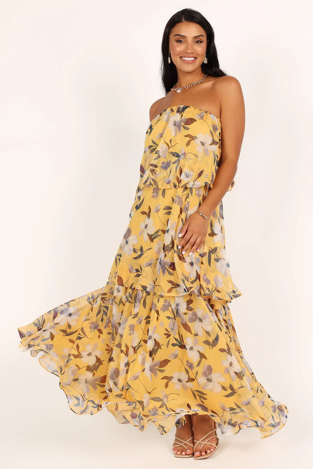 Trägerloses, gestuftes Maxikleid „Calista Green Bloom“.