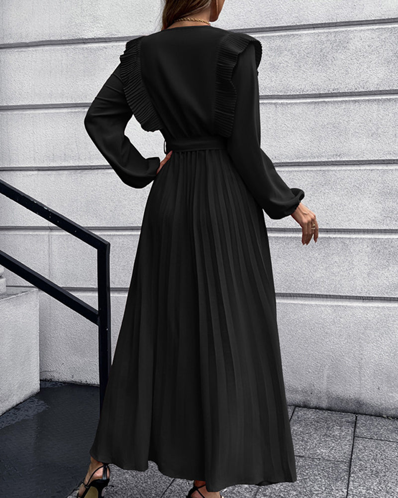 Eunice - Robe longue élégante avec col en V plissé - polyvalente et élégante pour toutes les occasions
