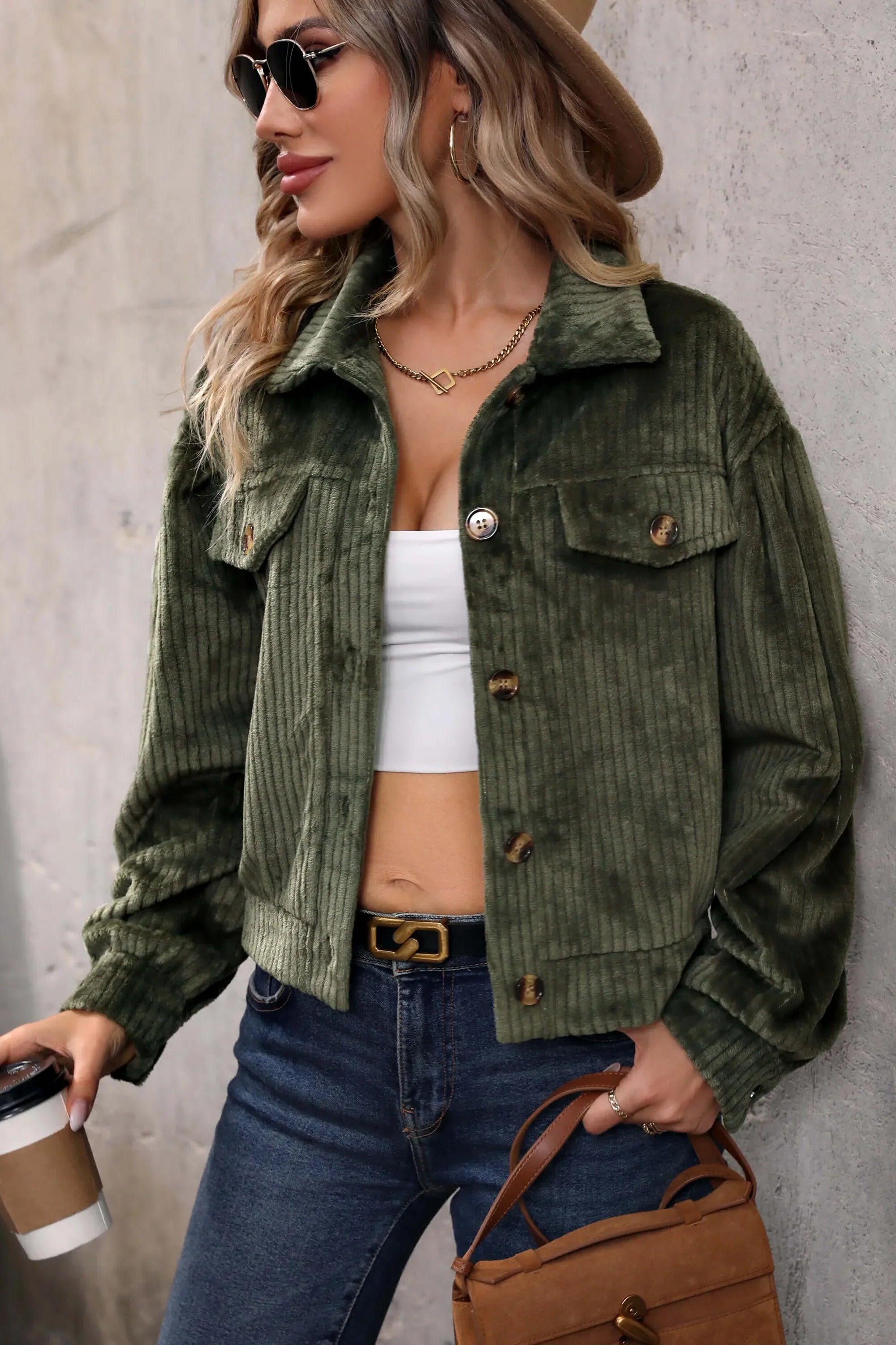 Veste courte en velours côtelé Sabrina - Vert olive